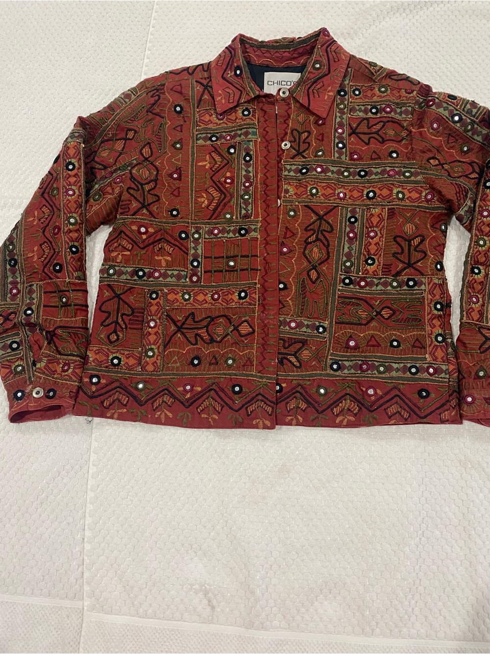 Chico's Rust Red Embroidered Patchwork Jean Jacket